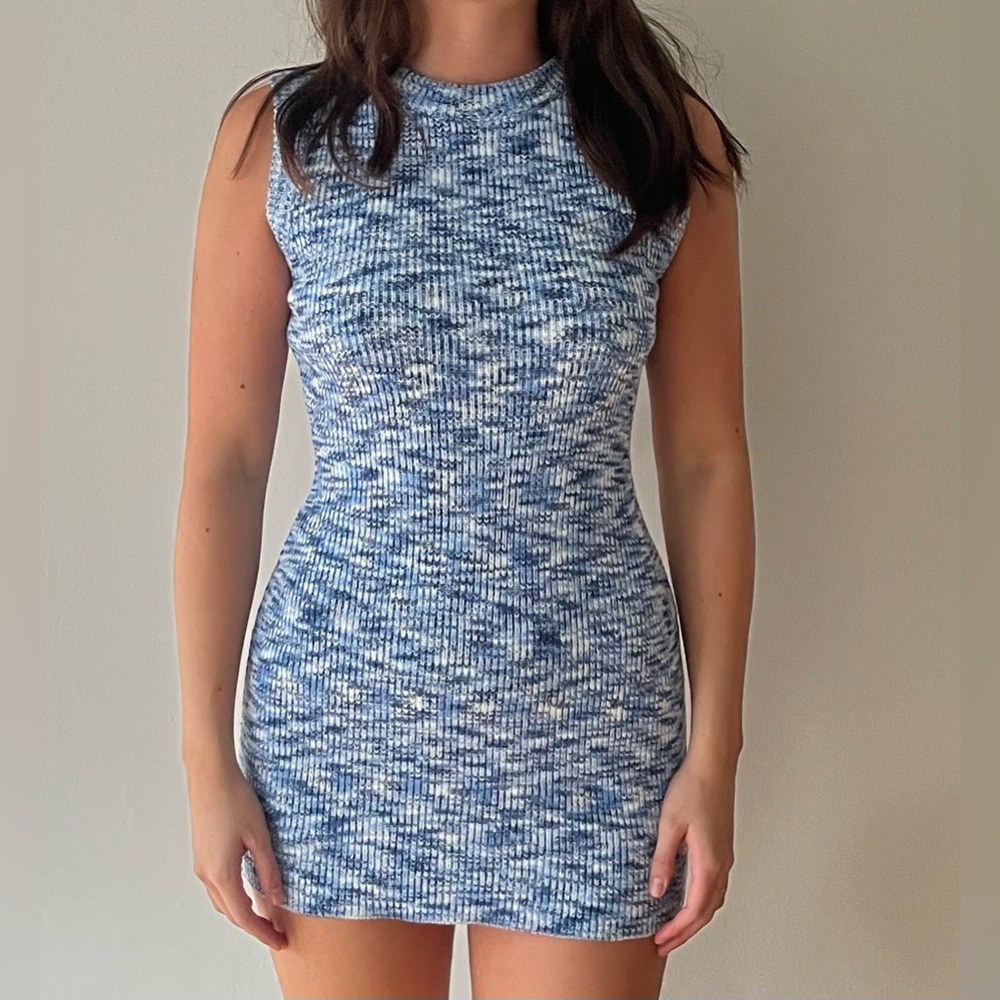 VRG GRL. Knit Blue Mini Dress. Mock Neck.